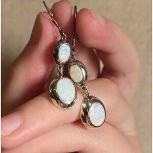 Mexico 950 Silver White Lab Opal Dangle Earrings